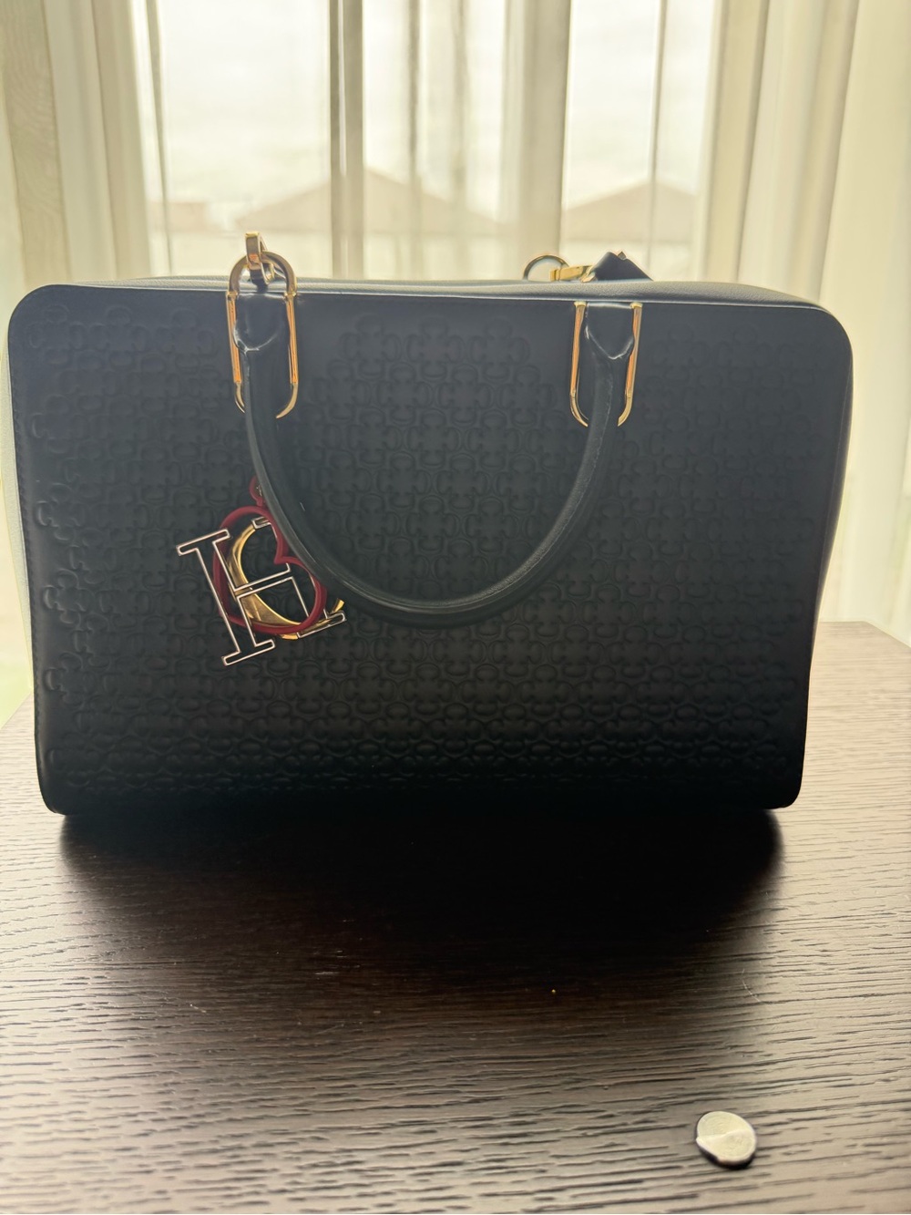 Carolina Herrera Black Embossed Crossbody with Gold Hardware